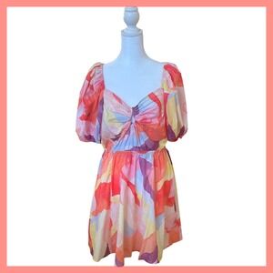 New W/Tags H&M‎ Mini Dress Abstract Watercolor Puff Sleeve Open Back Sz. S